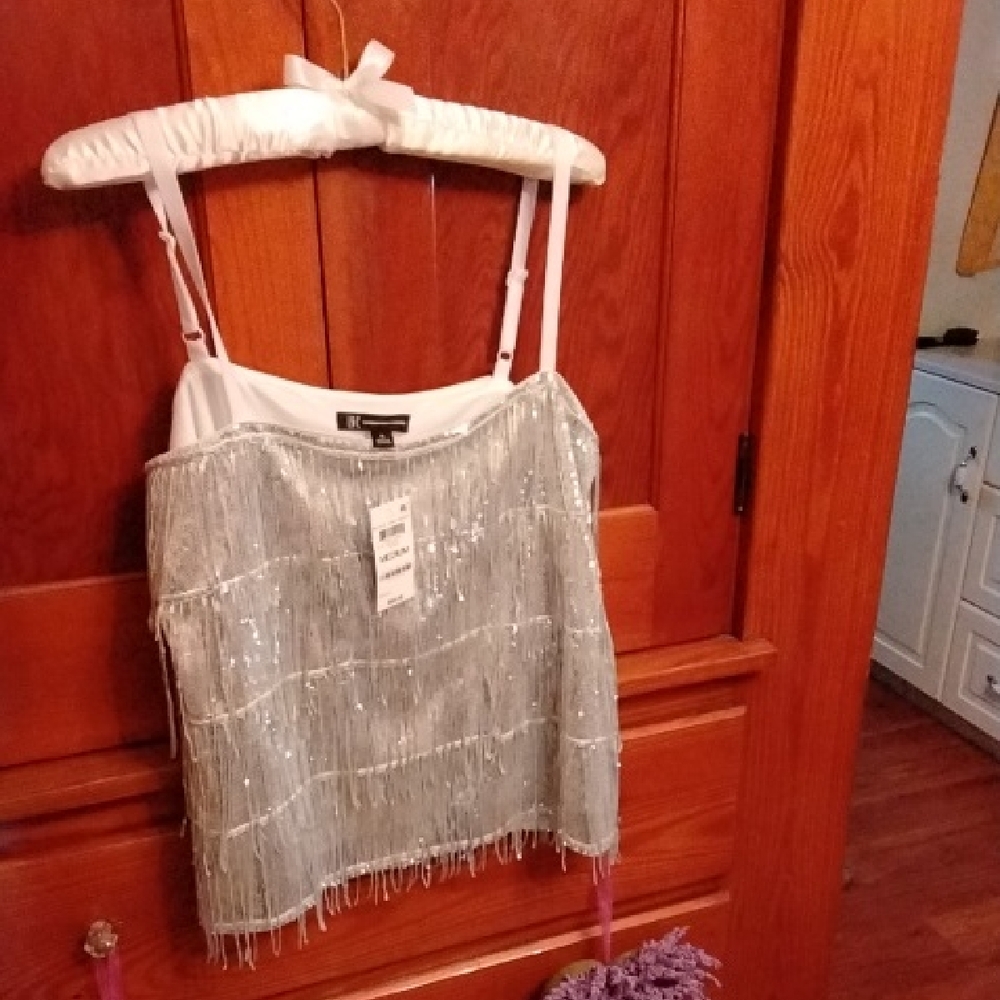 Silver Fringe Crop Top Sz M  INC